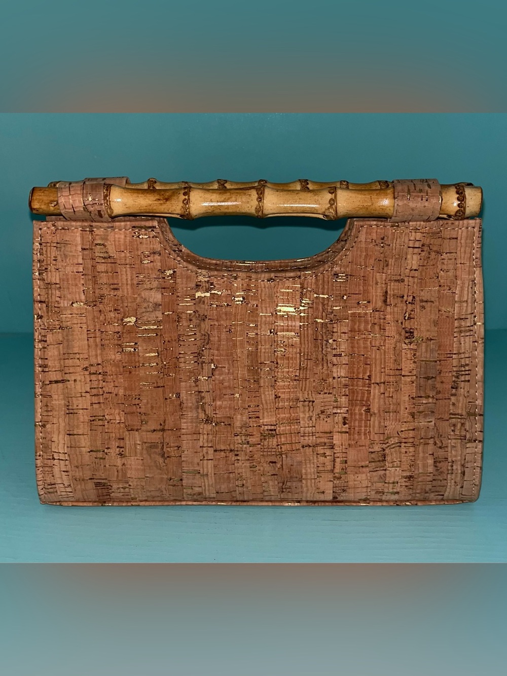 Alessia Bianchi Gold Cork Clutch Purse With Bamboo Handle NWOT